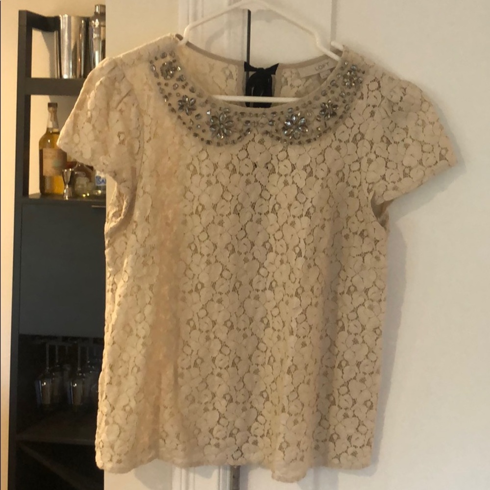 LOFT cream lace embellished short sleeve blouse